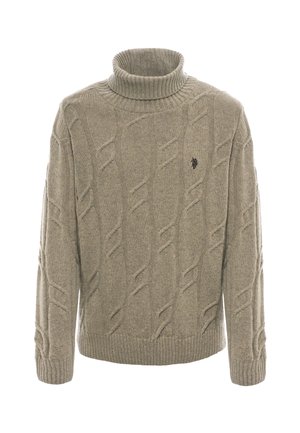 Maglione a collo alto beige realizzato in maglia testurizzata. Caratterizzato da un motivo a treccia e un piccolo dettaglio del logo sul petto. Maniche e orlo a coste.