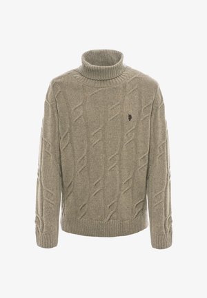 Maglione a collo alto beige realizzato in maglia testurizzata. Caratterizzato da un motivo a treccia e un piccolo dettaglio del logo sul petto. Maniche e orlo a coste.