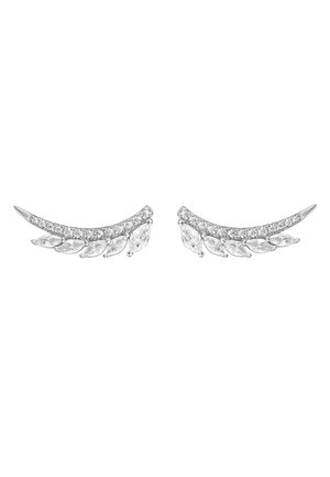 Pair of silver ear climber earrings with curved rows of small round and marquise-cut clear gemstones.