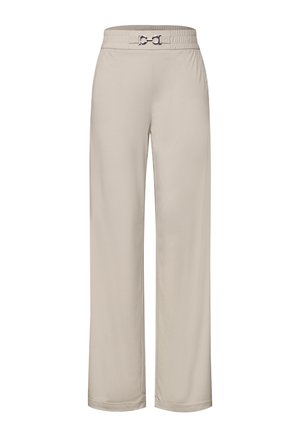 Beige wide-leg trousers with an elastic waistband featuring a decorative silver hardware detail at the front. Smooth fabric with a slight sheen.
