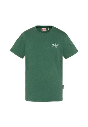 Grøn T-shirt med korte ærmer og rund hals med "Schott NYC" logo på venstre bryst og tekstil mærke på sidesømmen.
