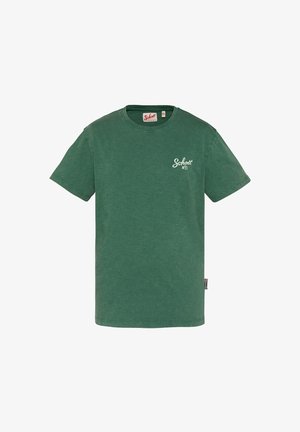 Grøn T-shirt med korte ærmer og rund hals med "Schott NYC" logo på venstre bryst og tekstil mærke på sidesømmen.