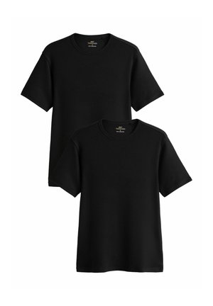 To ensfarvede sorte t-shirts med korte ærmer og rund hals, set forfra, der overlapper en smule på en hvid baggrund.