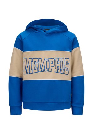 Blauwe en beige hoodie met een voorste kangoeroezak, voorzien van de tekst "MEMPHIS" in vette letters over de borst en ribgebreide boorden.