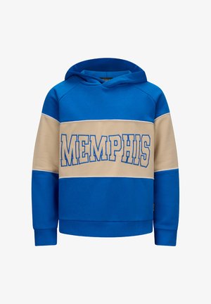Blauwe en beige hoodie met een voorste kangoeroezak, voorzien van de tekst "MEMPHIS" in vette letters over de borst en ribgebreide boorden.