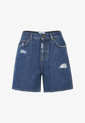 Shorts in denim blu scuro con un lavaggio sbiadito. Presentano toppe strappate, una vita standard e un classico design a cinque tasche.