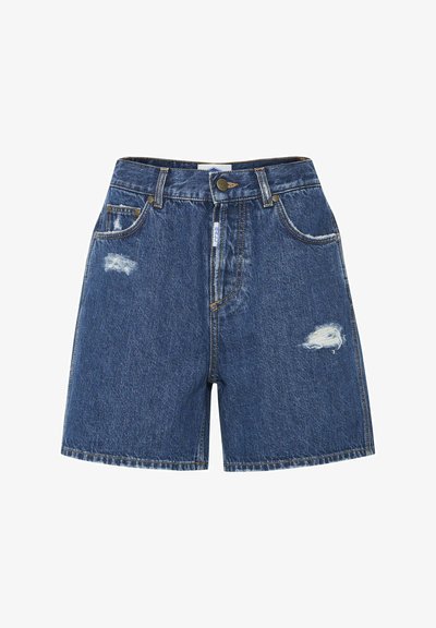 Tamsiai mėlyni džinsiniai šortai su išblukusiu efektu. Su įplyšimais, standartine juosmens juosta ir klasikiniu penkių kišenių dizainu.