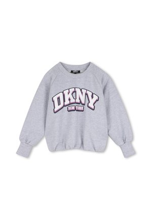Lichtgrijze trui met lange mouwen met grote witte en roze DKNY-tekst met contour en kleinere New York tekst eronder aan de voorkant.