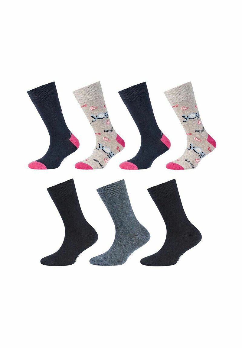 Six pairs of socks: dark blue, gray, and black cotton with varying textures; one pair features a light gray design with pink accents and patterns.