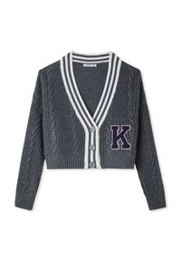 Cardigan corto a lavorazione a trecce in grigio scuro con colletto a righe bianche; chiusura con bottoni e lettere "K" ricamate in blu navy sul davanti.