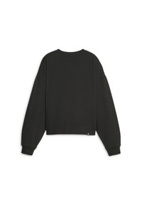 Czarna, krótką bluza z teksturowanej tkaniny, okrągłym dekoltem, opadającymi ramionami i ściągaczami na mankietach. Posiada małe logo na dolnym brzegu.