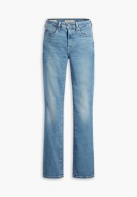 Jeans a zampa d'elevata vita in denim azzurro chiaro, con cinque tasche e chiusura a bottone. Leggera scoloritura lungo le cosce.