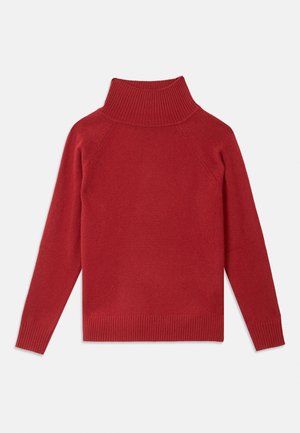 Red turtleneck sweater made of soft knit fabric. Features ribbed collar and cuffs, with a relaxed fit and seamless shoulders.
