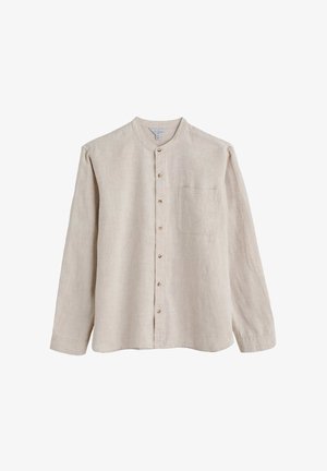 Lichtbeige linnen overhemd met lange mouwen, sans-kraag ontwerp, voorkant knoopsluiting en één borstzak. Soepele, natuurlijke textuur.