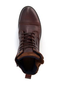 Bruin leren enkelboot met een ronde neus, vetersluiting, contrasterende suede accenten en een gevoerde schacht voor comfort.