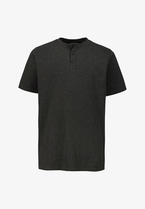 Black short-sleeve t-shirt with a round neck, three-button placket, and a soft, textured finish. Simple design with no visible patterns.