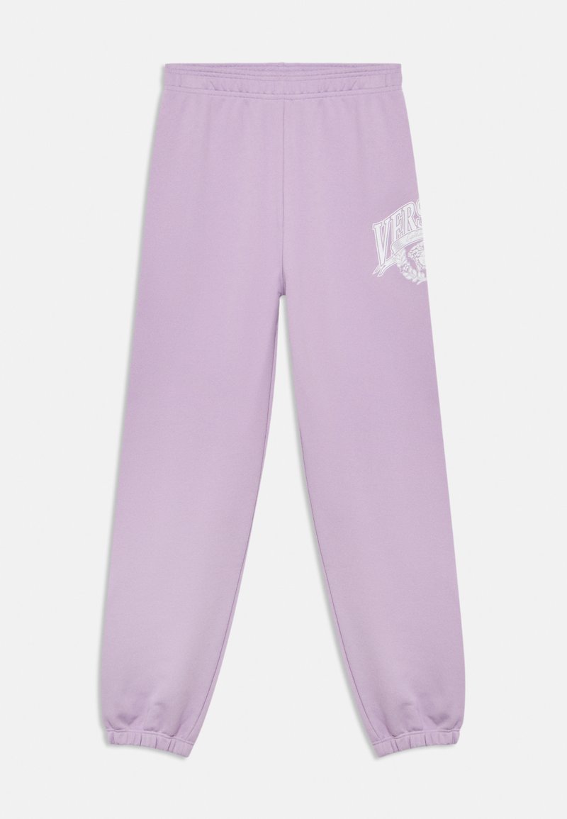 Μωβ παντελόνια φόρμας από απαλό ύφασμα, με ελαστική μέση και μανσέτες, με λευκή εκτυπωμένη λεπτομέρεια λογότυπου στο πλάι.