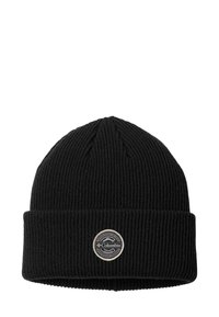 Berretto a maglia nero realizzato in tessuto a coste, dotato di risvolto e di una patch rotonda con logo sul fronte. Design semplice e funzionale.