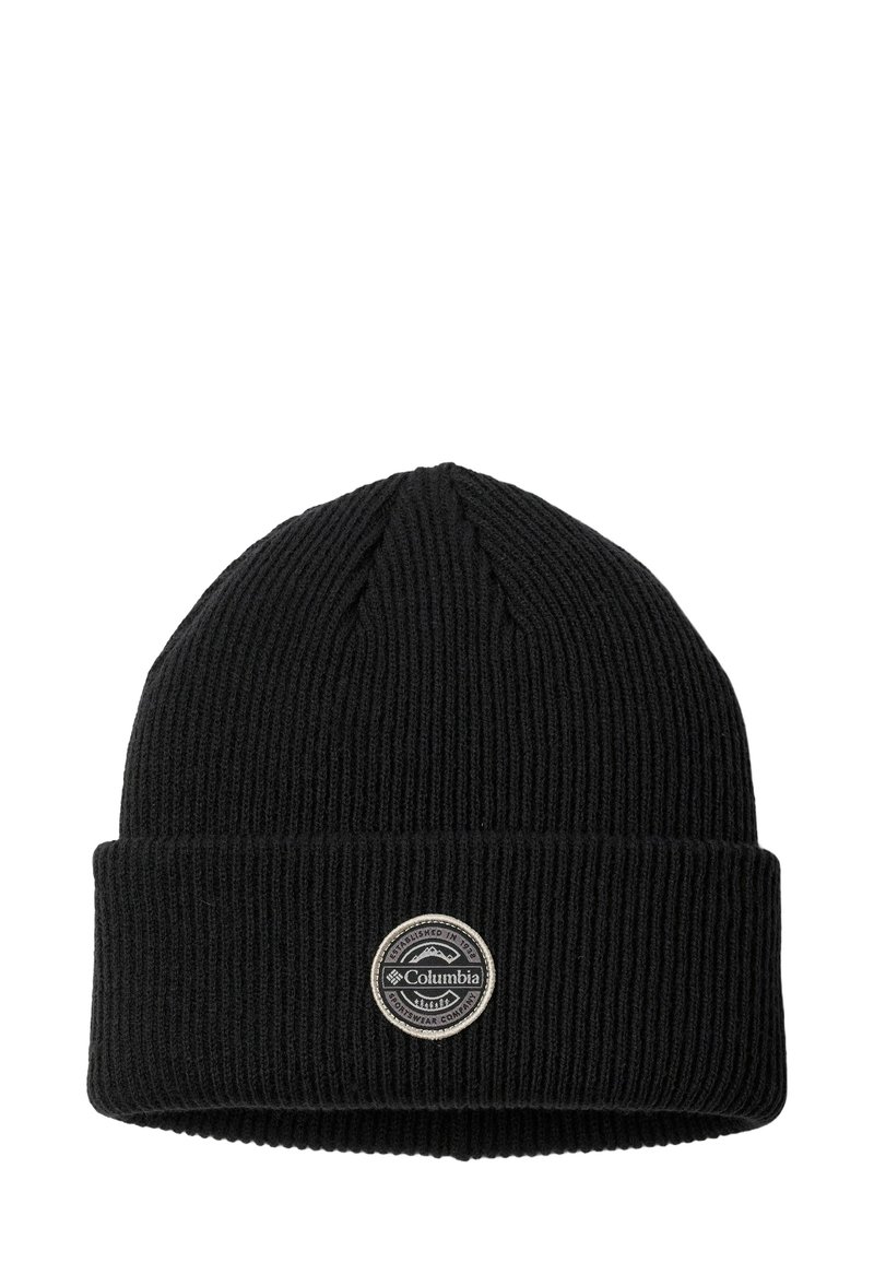 Berretto a maglia nero realizzato in tessuto a coste, dotato di risvolto e di una patch rotonda con logo sul fronte. Design semplice e funzionale.