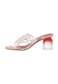 Clear slide-on sandal with a transparent upper, embellished with decorative stones, floral-patterned insole, and a colored, chunky heel.