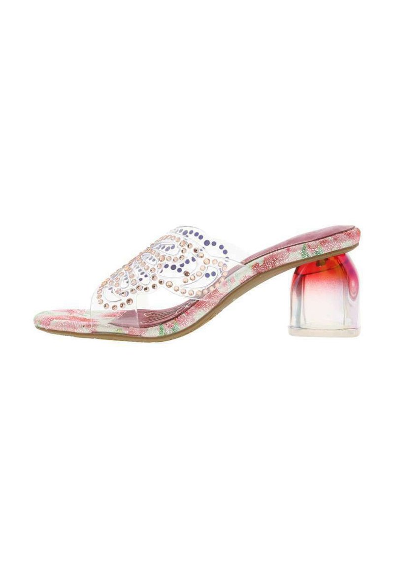 Clear slide-on sandal with a transparent upper, embellished with decorative stones, floral-patterned insole, and a colored, chunky heel.