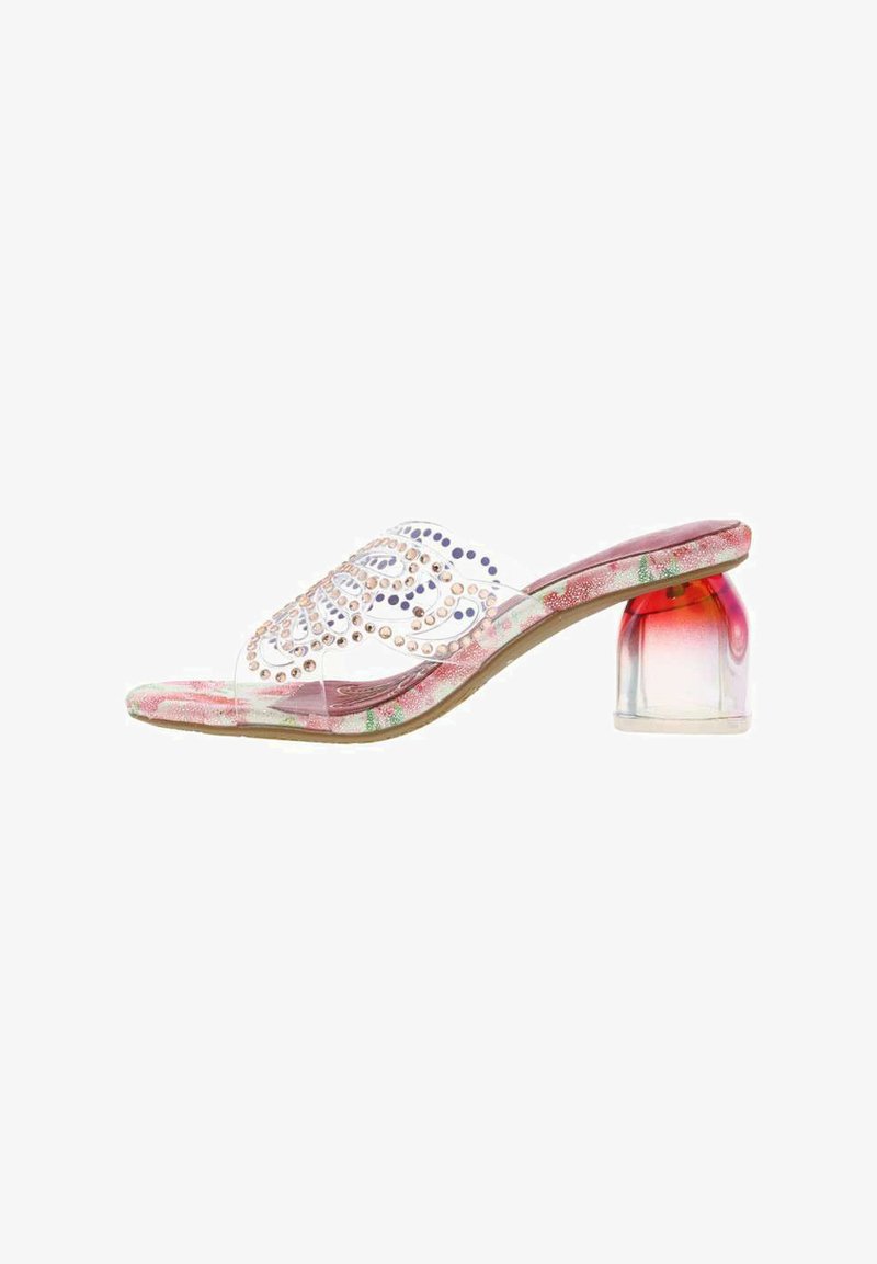 Clear slide-on sandal with a transparent upper, embellished with decorative stones, floral-patterned insole, and a colored, chunky heel.