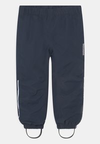 Navy voděodolné kalhoty s elastickým pasem a staženými kotníky. Obsahují reflexní prvky a černé smyčky na lemech.