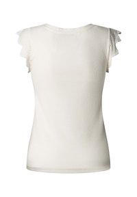 Valge varrukateta topp soonikkoes kangaga ja pitsist volangidega õlavarjudel, näidatud tagant.