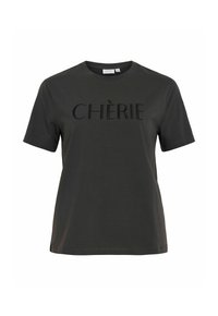 Mørkegrå bomulds t-shirt med korte ærmer, prydet med struktureret sort broderet tekst "CHÈRIE" på forsiden, rund halsudskæring og en afslappet pasform.