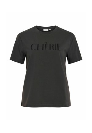 Donkergrijze katoenen T-shirt met korte mouwen, voorzien van getextureerde zwarte geborduurde tekst "CHÈRIE" op de voorkant, een ronde halslijn en een ontspannen pasvorm.