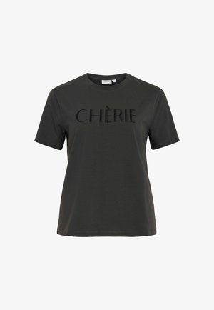 Donkergrijze katoenen T-shirt met korte mouwen, voorzien van getextureerde zwarte geborduurde tekst "CHÈRIE" op de voorkant, een ronde halslijn en een ontspannen pasvorm.
