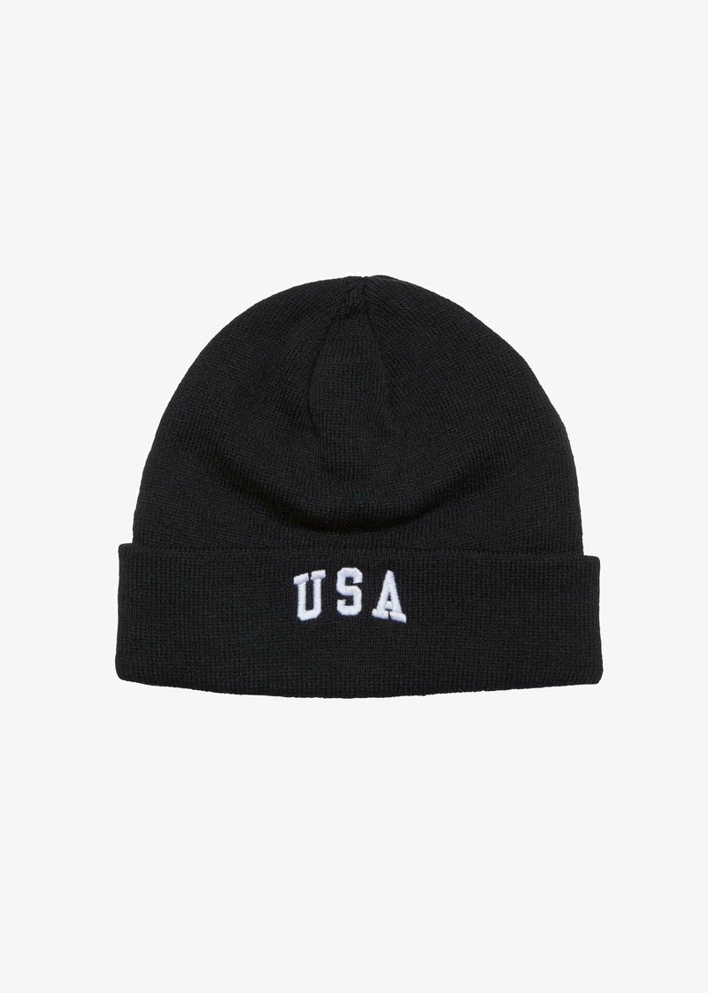 Černá pletená čepice s ohrnutým lemem a bílým vyšitým textem "USA" na přední straně. Texturovaný povrch s mírným elastickým strečem.