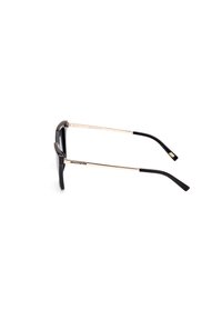 Ochelari de soare negri cu o formă rectangulară, având detalii metalice aurii pe brațe și vârfuri din cauciuc negru pe umeri.