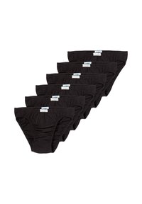 Slip neri in cotone, con cintura elastica e lati arricciati, disponibili in un pacco da sei con etichette di marca visibili.