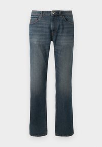 Jeans in denim blu scuro con un design a gamba dritta. Caratteristiche includono cinque tasche, cuciture a contrasto e una chiusura anteriore con bottone e zip.