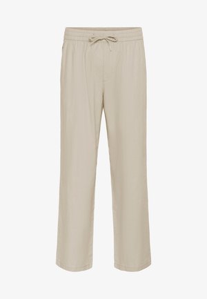 Béžové elastické nohavice s nastaviteľným sťahovaním v páse, rovné nohavice a detailným prešívaním na prednej strane, určené na bežné nosenie.
