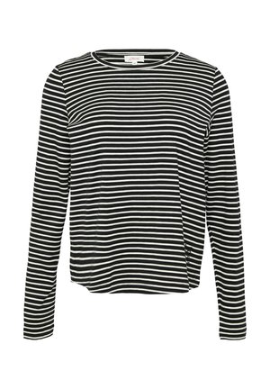 Schwarz-weiß gestreiftes Langarmshirt mit Rundhalsausschnitt, weicher Textur und Seitenschlitzen. Leichter Stoff, lässiges Design.