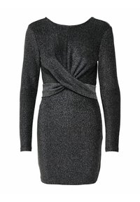 Juoda blizgi suknelė su ilgomis rankovėmis, apvalia iškirpte ir susuktos priekinės detalės, pasižymi aptemptu siluetu ir lygiu audiniu.
