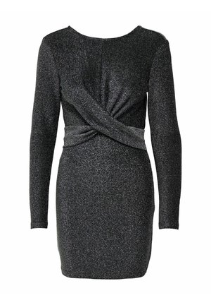 Mustast sädelevast kangast kleit, millel on pikad varrukad, ümmargune kaelus ja keeratud esiosa detailid, istuva lõike ja sileda tekstuuriga.