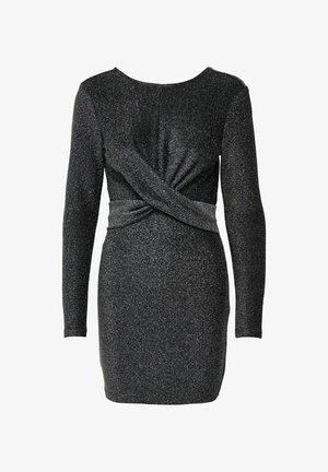 Vestido negro con brillo, de manga larga, escote redondo y detalle frontal retorcido, con silueta ajustada y textura suave.