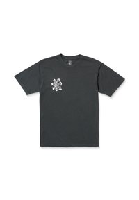 Donkergrijze katoenen t-shirt met een witte grafische ontwerp op de linkerborst. Eenvoudige korte mouwen en een ronde hals, met een gladde textuur.