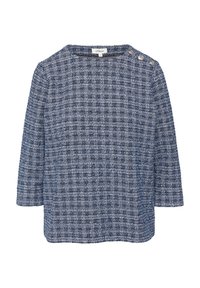 Blaut und weiß gemusterte Bluse mit Dreiviertelärmeln, quadratischem Ausschnitt und Knopfakzenten an den Schultern. Texturierte Stoff mit gewebtem Detail.