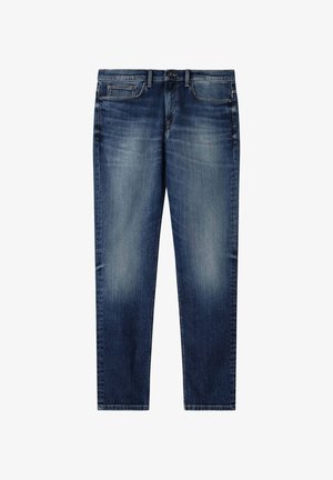 Jeans slim fit da uomo blu scuro con delicato effetto slavato e design a cinque tasche, chiusura frontale con bottoni e cerniera.