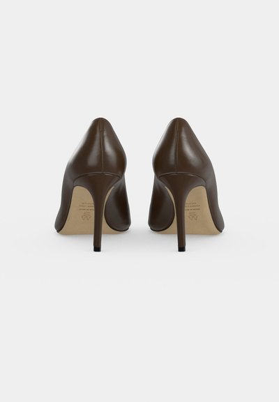 Paire de chaussures à talons hauts en cuir marron vues de dos avec des talons pointus sur fond blanc.