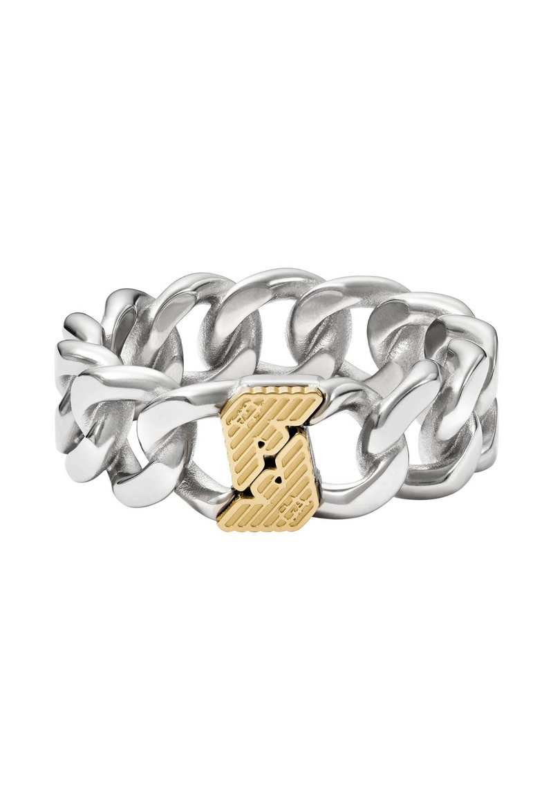 Bracelet en chaîne en métal argenté avec des maillons épais et un fermoir en forme de verrou de couleur dorée au design à motifs.
