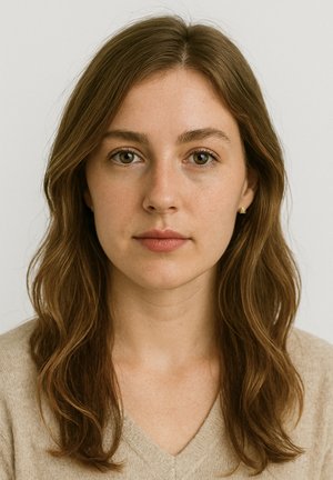 Porträtt av en person med långt, vågigt brunt hår, iförd en ljusbeige v-ringad tröja, med klar hy och neutral sminkning.