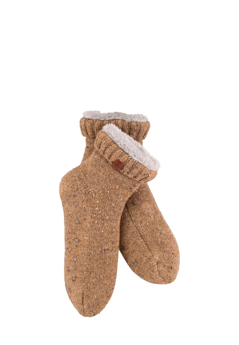 Brown knitted socks with a fuzzy gray lining, featuring a ribbed cuff and dotted texture. Includes a small logo tag on the side.