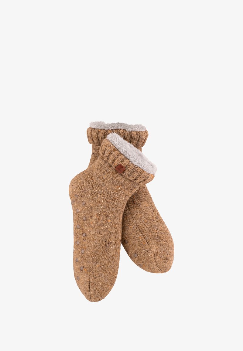 Brown knitted socks with a fuzzy gray lining, featuring a ribbed cuff and dotted texture. Includes a small logo tag on the side.