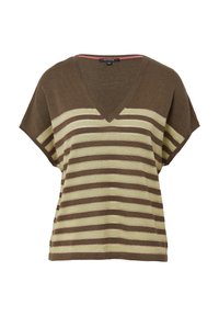 Striped short-sleeve sweater in brown with cream and olive green horizontal stripes. V-neck design, soft texture, and a relaxed fit.