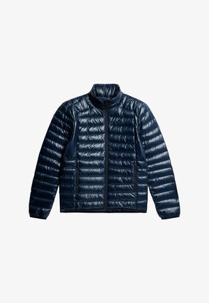 Navy blue puffy jacket with a high collar, lightweight material, horizontal quilted pattern, front zipper closure, and two side pockets.